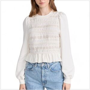 SEA New York Cream Rita Jersey Long Sleeve Smocked Top Sweatshirt large